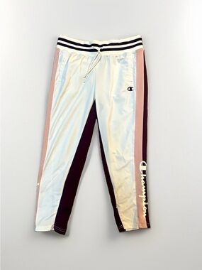 Champion Women L Colorblock Track Pants Logo White/Pink/Burgundy Stripe Pockets